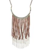 Silver-tone Beaded Multi-chain And Faux Suede Fringe Statement Necklace