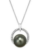 Tahitian Pearl (12 Mm) And Diamond (1/5 Ct. T.w.) Arch Pendant Necklace In 14k White Gold