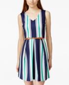 Bcx Juniors' Striped Fit-and-flare Scuba Dress With Belt