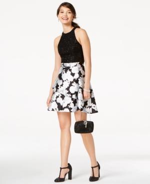 Speechless Juniors' Lace & Floral-print Fit & Flare Dress