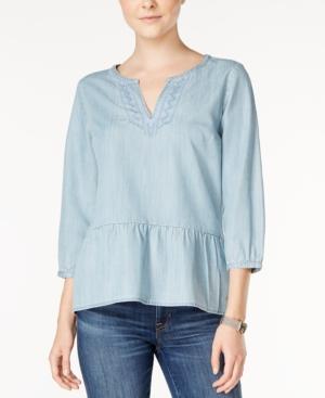 Tommy Hilfiger Embroidered Denim Peasant Top, Only At Macy's
