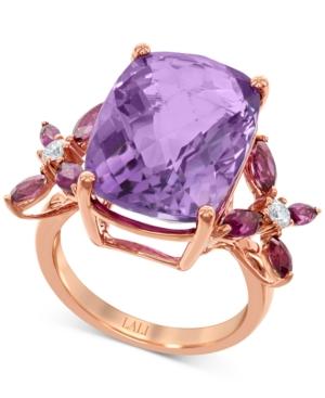 Lali Jewels Amethyst (12-3/8 Ct. T.w.) And Rhodolite Garnet (1-1/4 Ct. T.w.) Diamond (1/8 Ct.t.w.) Ring In 14k Rose Gold