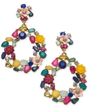 I.n.c. Gold-tone Multi-stone Flower Drop Hoop Earrings, Created For Macy's