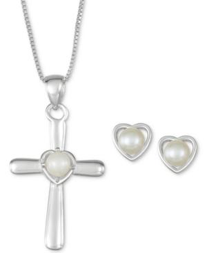 Cultured Freshwater Pearl Cross 18 Pendant Necklace And Heart Stud Earrings Set In Sterling Silver
