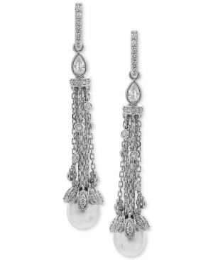 Arabella Cultured Freshwater Pearl (8 X 10mm) & Swarovski Zirconia Linear Drop Earrings In Sterling Silver