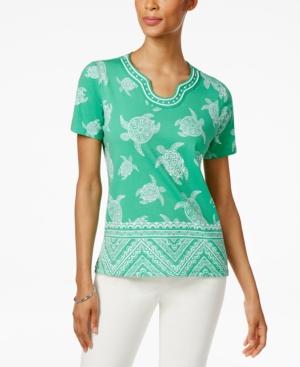 Alfred Dunner Petite Bahama Bays Embellished Turtle-print Top