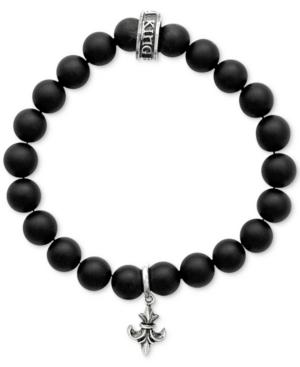 King Baby Men's Black Onyx Beaded Fleur De Lis Charm Stretch Bracelet In Sterling Silver