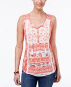 Style & Co Petite Printed Embroidered Tassels Top, Only At Macy's