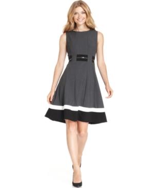 Calvin Klein Petite Colorblocked Belted Fit & Flare Dress