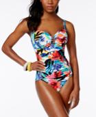Swim Solutions La Belle Floral-print Shirred Tummy-control One-piece Swimsuit Women's Swimsuit