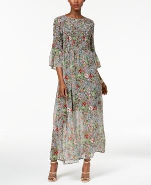 Eci Printed Smocked 3/4-sleeve Maxi Dress