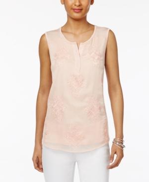 Style & Co Split-neck Embroidered Top, Only At Macy's