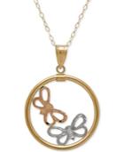 Tri-tone Butterfly Disc Pendant Necklace In 10k Yellow, Rose & White Gold