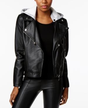 Jou Jou Faux-leather Hooded Moto Jacket