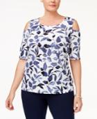Nine West Plus Size Printed Cold-shoulder Top