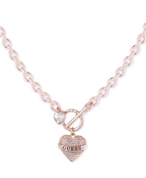 Guess Rose Gold-tone Crystal Logo Heart Charm 18 Link Necklace