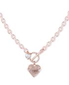 Guess Rose Gold-tone Crystal Logo Heart Charm 18 Link Necklace