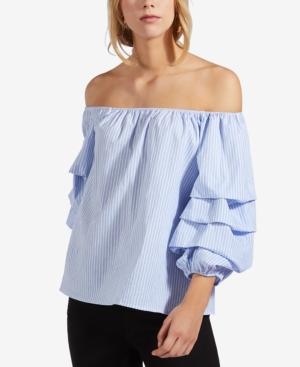 Avec Les Filles Striped Off-the-shoulder Gathered-sleeve Top