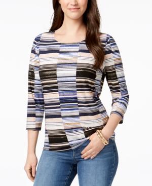 Jm Collection 3/4-sleeve Jacquard Mixed-print Top, Created For Macy's