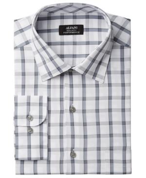 Alfani Men's Classic/regular Fit Performance Stretch Easy-care Windowpane Check Dress Shirt, Created For Macy's