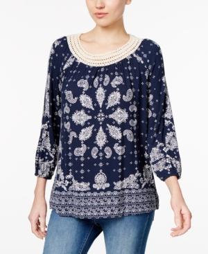 Style & Co Crochet-trim Printed Top, Only At Macy's