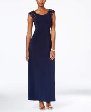 Connected Petite Embellished Lace Cap-sleeve Gown