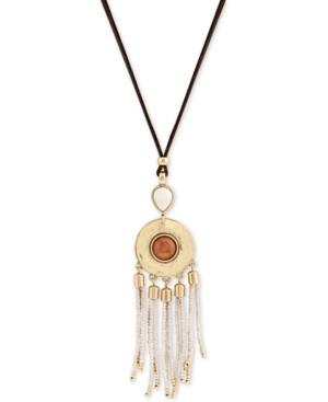 Lucky Brand Gold-tone Beaded Stone & Leather Adjustable Slider Pendant Necklace
