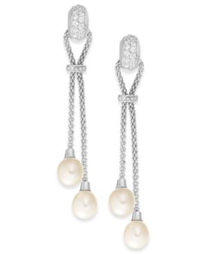 Cultured Freshwater Pearl (7-1/2mm) And Cubic Zirconia Chain Drop Earrings In Sterling Silver