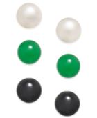 3 Pc. Set Cultured Freshwater Pearl (8mm), Onyx (8mm) And Jade (8mm) Stud Earrings In Sterling Silver