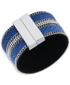 Guess Silver-tone Blue Faux Suede Magnetic Wrap Cuff Bracelet