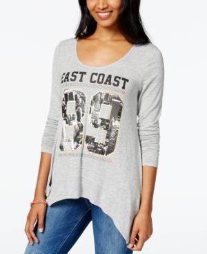 Belle Du Jour Juniors' East Coast Foil Graphic Tunic Top With Handkerchief Hem