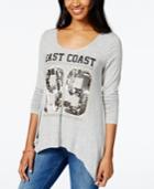 Belle Du Jour Juniors' East Coast Foil Graphic Tunic Top With Handkerchief Hem