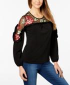 Thalia Sodi Embroidered Mesh-inset Top, Created For Macy's