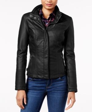 Celebrity Pink Faux-leather Stand-collar Coat