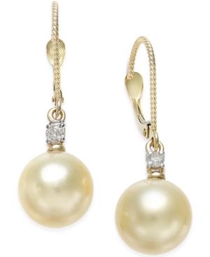 Cultured Golden South Sea Pearl (9mm) And Diamond (1/10 Ct. T.w.) Drop Earrings In 14k Gold