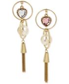 Betsey Johnson Gold-tone Imitation Pearl & Crystal Heart Mismatch Fringe Drop Earrings