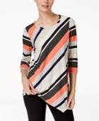 Ny Collection Striped Asymmetrical-hem Top