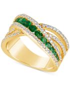 Emerald (9/10 Ct. T.w.) And Diamond (3/4 Ct. T.w.) Crisscross Ring In 14k Gold