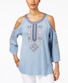 Style & Co Petite Embroidered Cold-shoulder Top, Created For Macy's