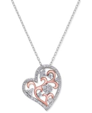 Diamond Two-tone Filigree Heart Pendant Necklace (1/4 Ct. T.w.) In Sterling Silver And 10k Rose Gold