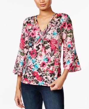 Kensie Floral-print Bell-sleeve Top