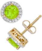 Peridot (1-1/10 Ct. T.w.) & Diamond (1/8 Ct. T.w.) Halo Stud Earrings In 14k Gold