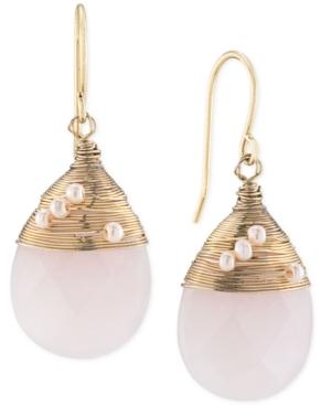 Carolee Gold-tone Imitation Pearl And Rose Quartz Drop Earrings