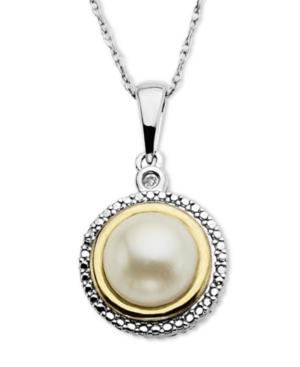 14k Gold And Sterling Silver Necklace, Cultured Freshwater Pearl And Diamond Accent Pendant