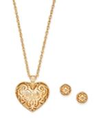Charter Club Gold-tone Filigree Heart Pendant Necklace & Stud Earrings