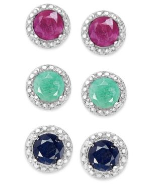 Emerald (1/2 Ct. T.w.), Ruby (5/8 Ct. T.w.) And Sapphire (5/8 Ct. T.w.) Earring Set In Sterling Silver