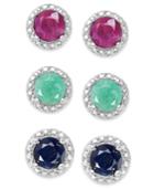 Emerald (1/2 Ct. T.w.), Ruby (5/8 Ct. T.w.) And Sapphire (5/8 Ct. T.w.) Earring Set In Sterling Silver