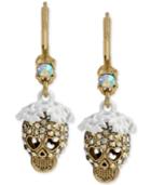 Betsey Johnson Gold-tone White Flower Glitter Skull Drop Earrings