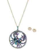 Betsey Johnson Two-tone Multi-stone Cancer Zodiac Pendant Necklace & Stud Earrings