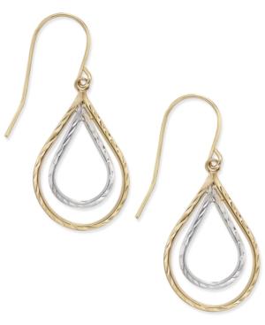 Two-tone Double Teardrop Textured Drop Earrings In 10k Yellow And White Gold